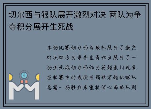 切尔西与狼队展开激烈对决 两队为争夺积分展开生死战