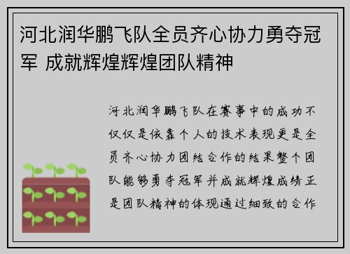 河北润华鹏飞队全员齐心协力勇夺冠军 成就辉煌辉煌团队精神