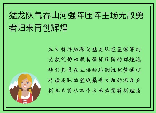 猛龙队气吞山河强阵压阵主场无敌勇者归来再创辉煌